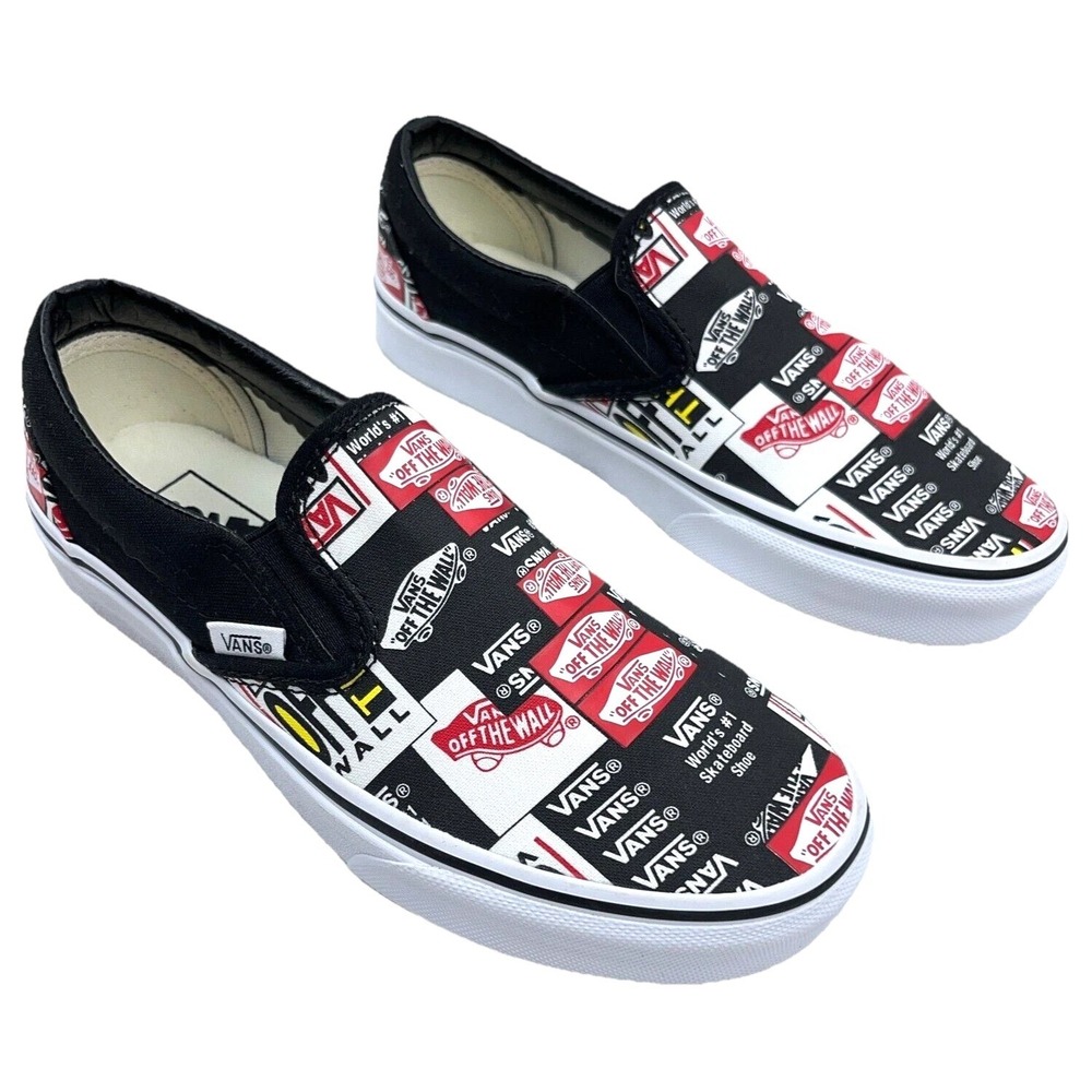 Vans Off The Wall Slip On Shoes Black White All Over Logo Skate Retro Womens 5.5